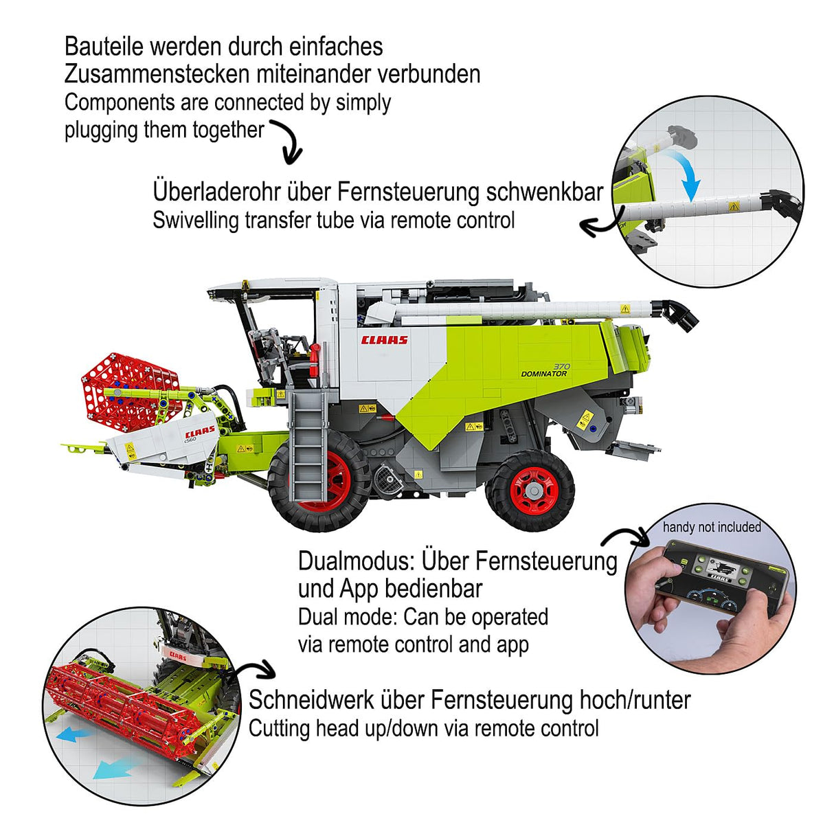 JAMARA 402873 Cada Claas Dominator 370 1:18 2,4 GHz Bricks, Agricultura Infantil a Partir de 14 años, tecnología RC para niños, Juguete teledirigido, Idea de Regalo para niños, Modo Dual