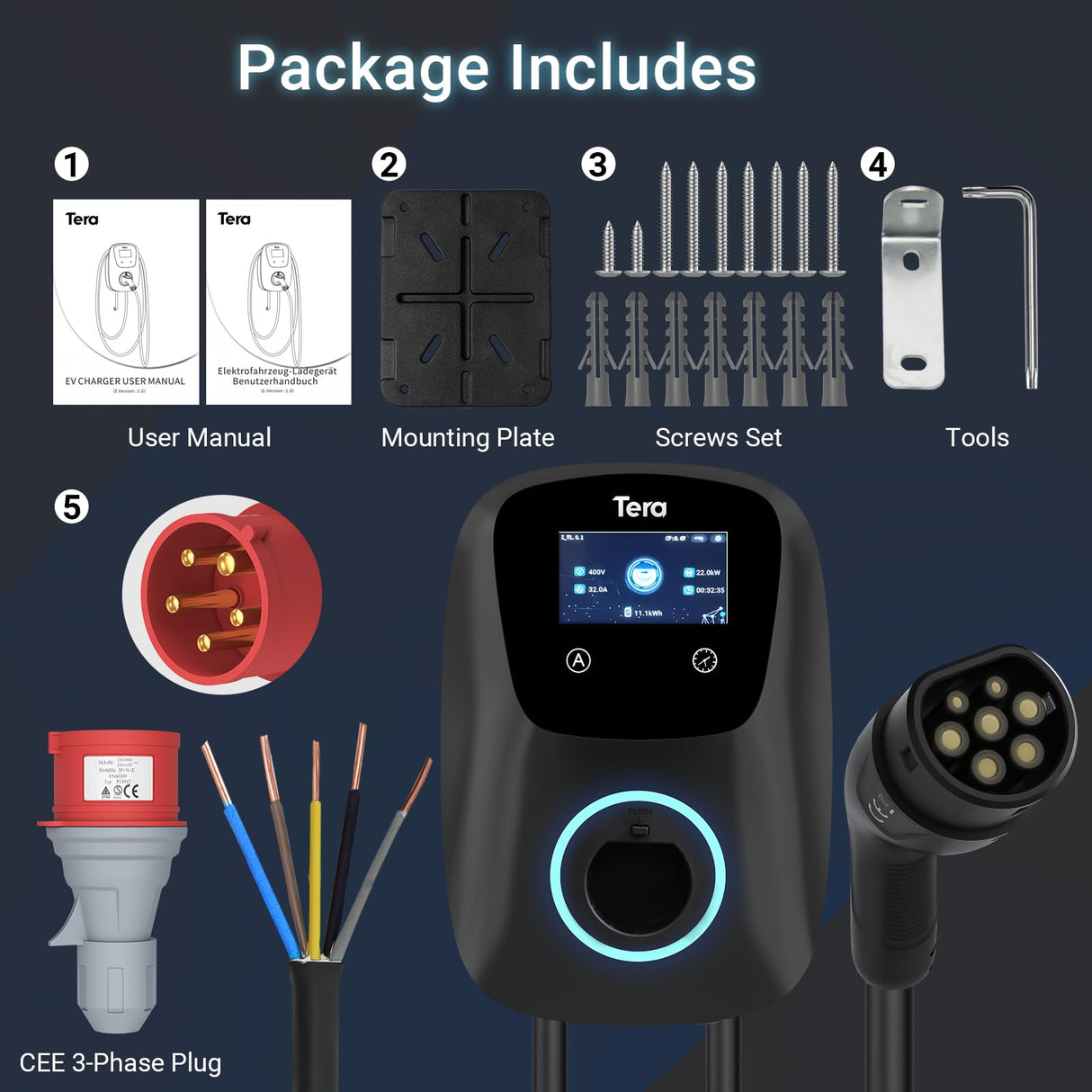 Tera EV Cargador con Smart App 32A Tipo 2 22kW 400V CE y TüV wallbox Cable de Carga de 7 Metros con Soporte para el Cargador Control de la aplicación Enchufe de 3 Fases CEE Coche electrico W01