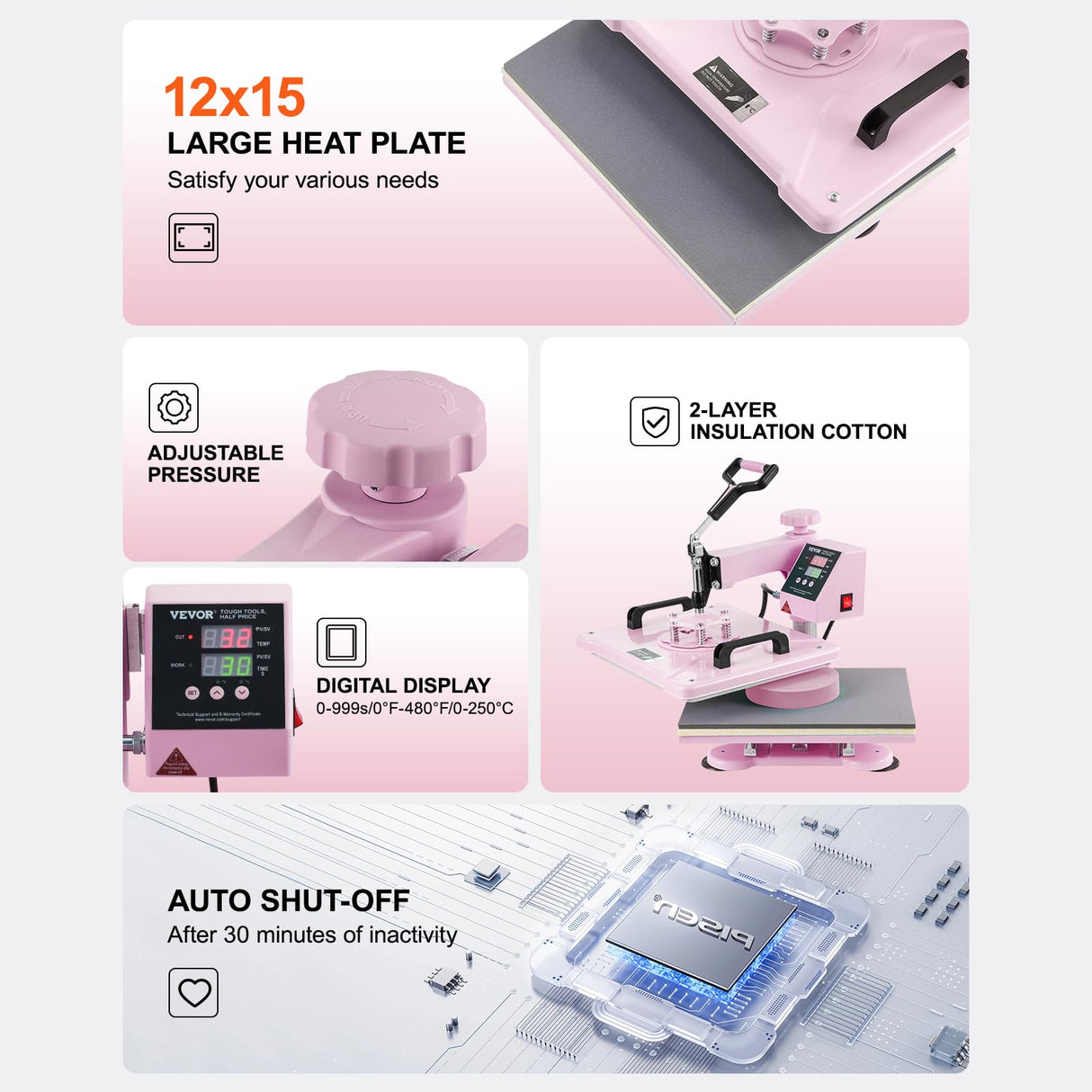 VEVOR 8 en 1 Máquina de Prensado por Calor con Prensa de Vaso de 325-887ml, 300 x 380 mm, Prensa Térmico con Giro de 360° con Control Digital Preciso para Camiseta, Taza, Sombrero y Plato, Rosa