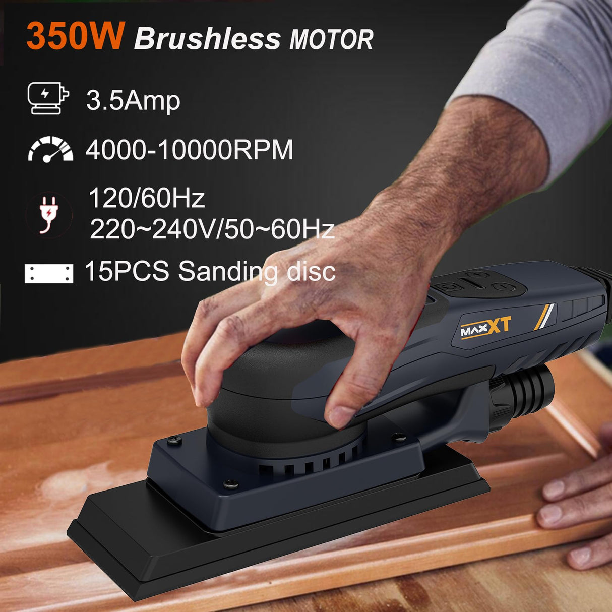 Lijadora Orbital Electrica con Cable, MAXXT Lijadora Orbital Electricas sin Escobillas 3mm 350W Velocidad Ajustable 4000-10000/RPM, Incluye 15 Hojas de Papel de Lija
