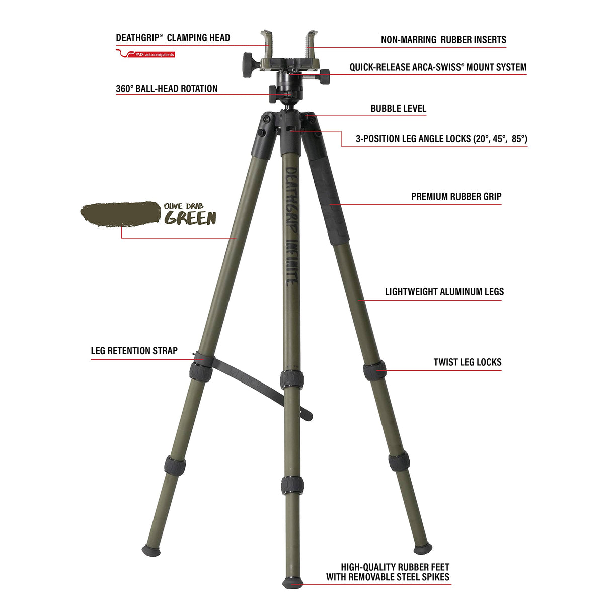 BOG DeathGrip Infinite Trípode de Aluminio con construcción Resistente, Cabeza de Bola de 360 Grados, Sistema de Montaje Arca-Swiss de liberación rápida y Placa óptica para Caza, Tiro, vidriado y al