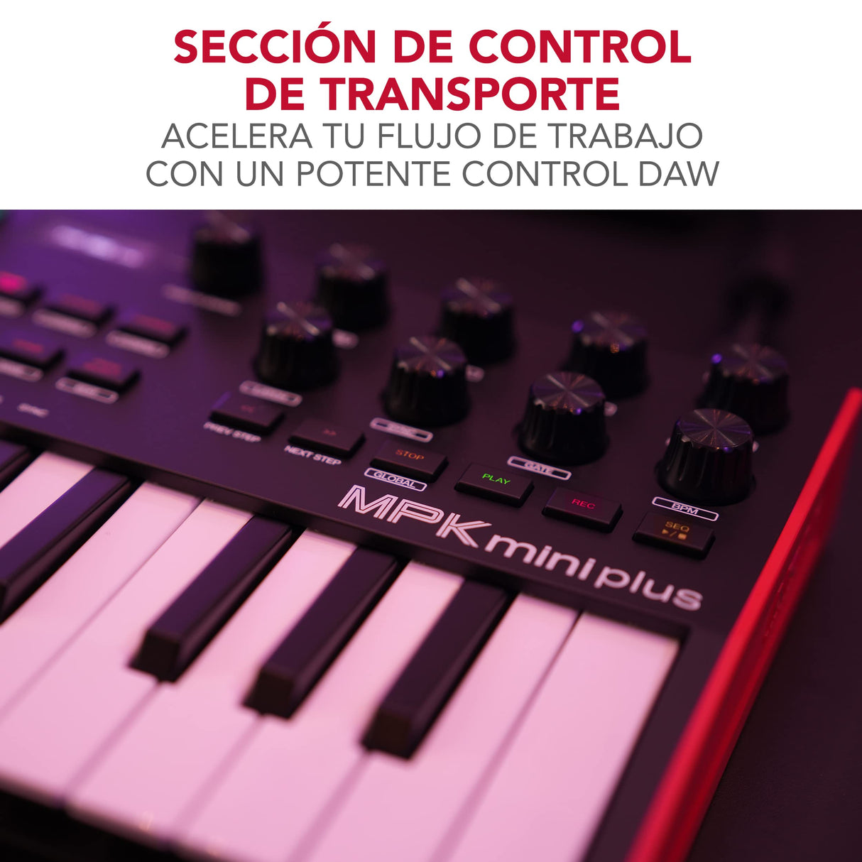 Akai Professional MPK Mini Plus - Teclado Controlador MIDI USB de 37 Mini Teclas con 8 Pads MPC, Secuenciador, MIDI/CV/Gate I/O, Software de Producción y Native Instruments Sound Package