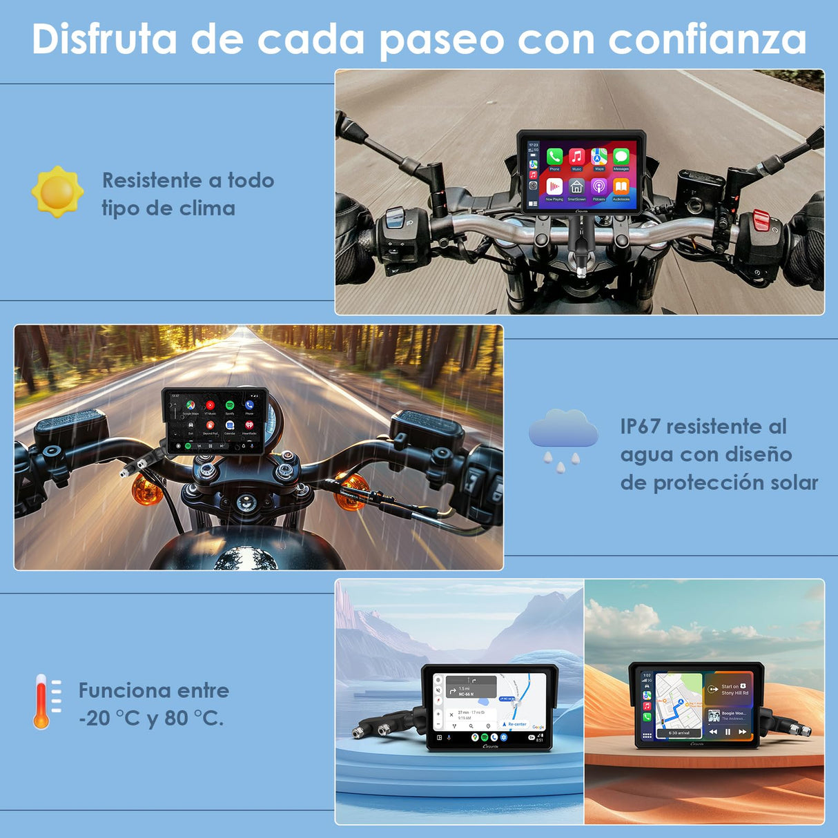 Pantalla Moto Carpuride W502, 5" IPS Táctil IP67 Impermeable, CarPlay & Android Auto Inalámbricos, GPS, Control por Voz Siri/Asistente Google, Dual Bluetooth, Soporte Ajustable Manillar