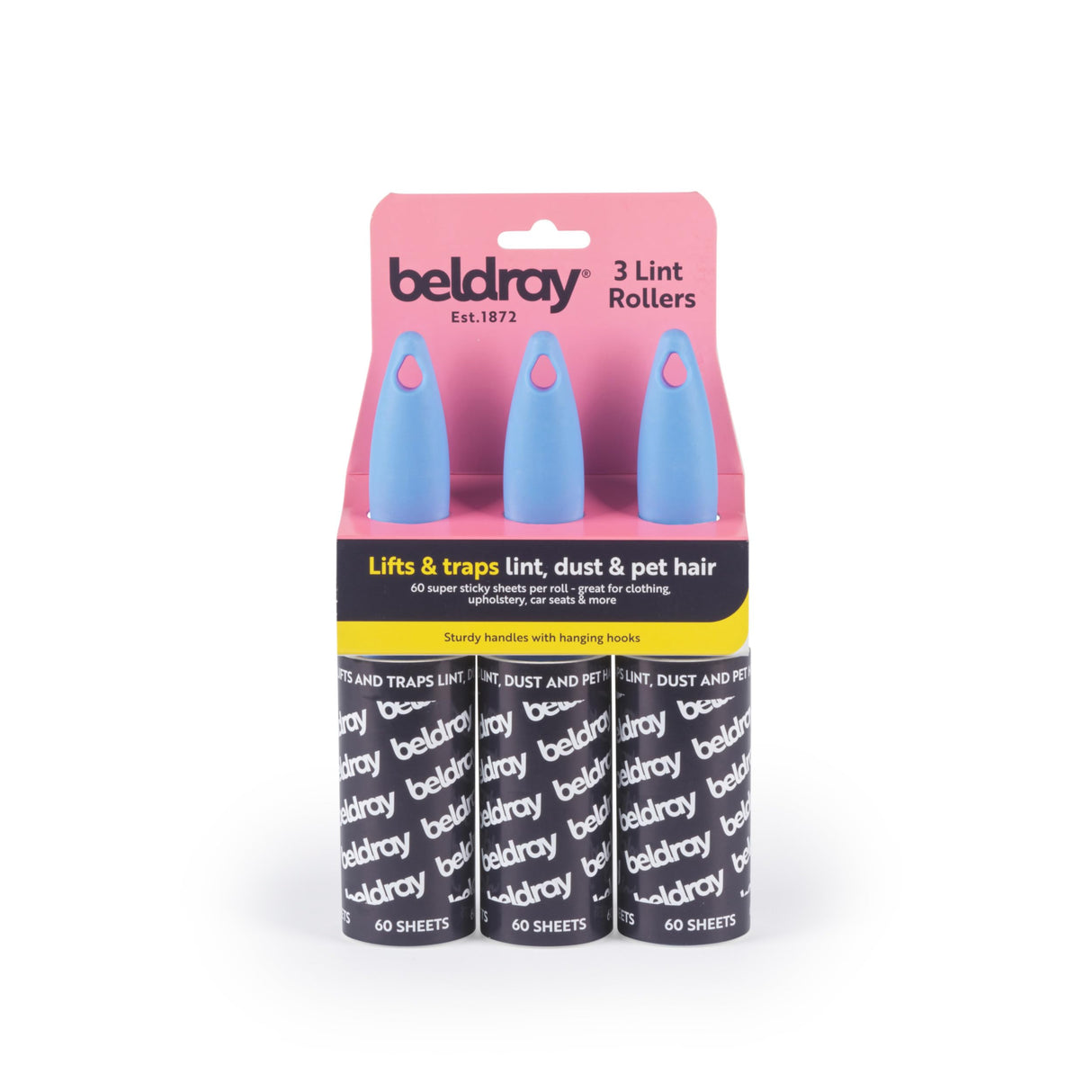 Beldray Rodillos de Pelusa Manuales - Paquete de 3, Extra Adhesivos, Elimina el Polvo, la Pelusa, el Pelo de Mascotas, Mangos Resistentes, Ganchos para Colgar, 60 Hojas por Rollo