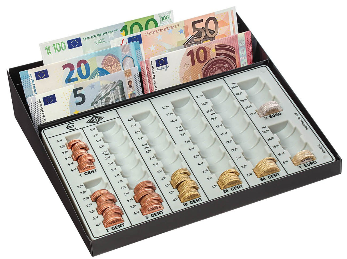 Wedo 160958049 - Caja de monedas con compartimiento de billetes y tira fija con ranura para monedas, 270 x 255 x 65 mm, negro/blanco