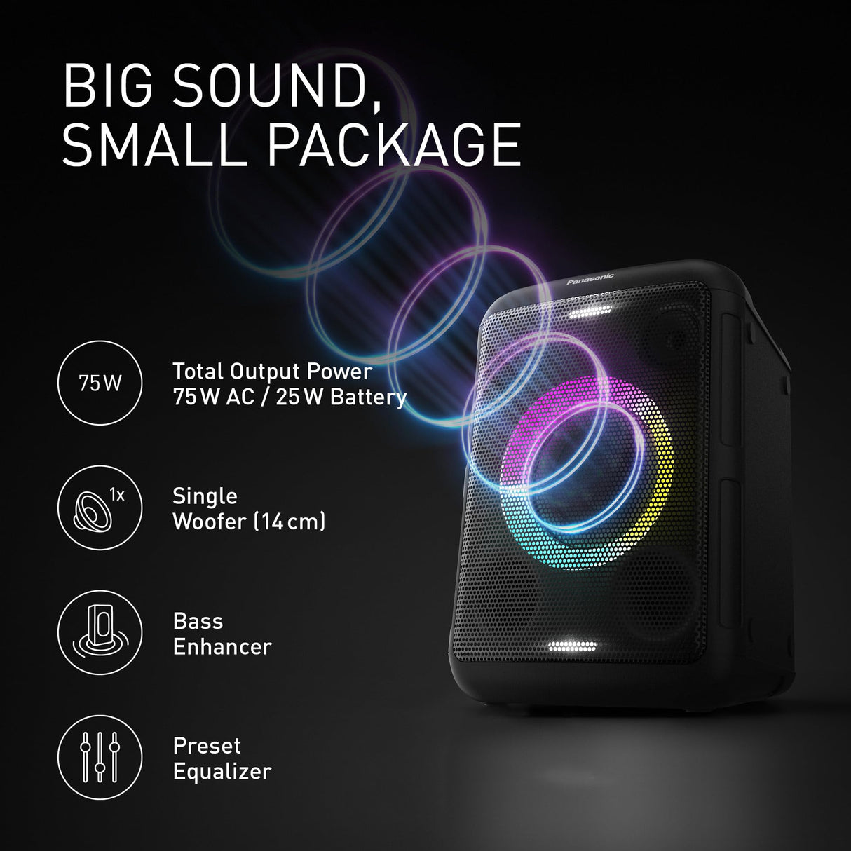 Panasonic SC-BMAX5E-K Altavoz Portátil para Fiestas con Bluetooth, Luces Integradas, 75 W, USB, Entrada Óptica para TV, Entradas de Guitarra y Micrófono para Karaoke, Negro