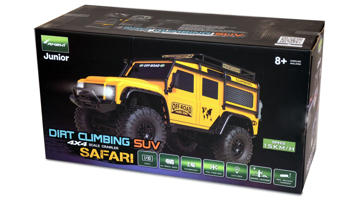 Amewi Dirt Climbing SUV Safari Crawler 4WD 1:10 RTR Incluye batería, Mando a Distancia, Cable de Carga, Amarillo
