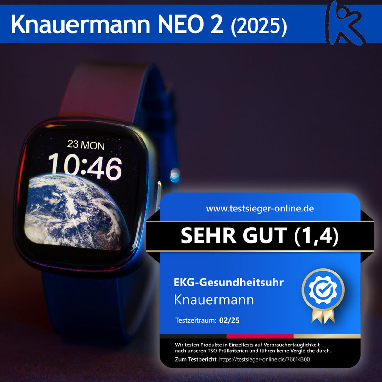 Knauermann Neo 2 (2025) - Negro Rectangular - Reloj Salud Smartwatch - ECG - Función HRV - BT Bluetooth - Apnea del sueño - Presión Arterial - Velcro Rosa, Höhe: 42mm; Breite: 40mm; Dicke:, Höhe: