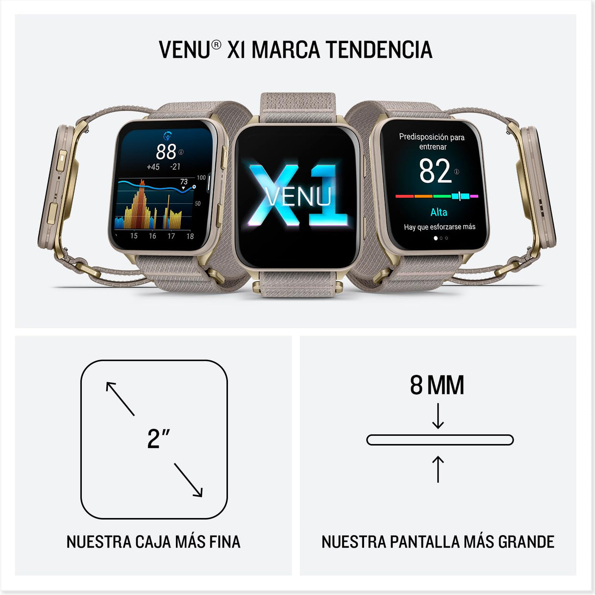 Garmin Venu X1, Smartwatch Premium con GPS, Pantalla AMOLED de 2'', Funciones de Salud y Bienestar 24/7, Altavoz y Micrófono Integrados, Mapas, Linterna LED, hasta 8 días de autonomía, Beige