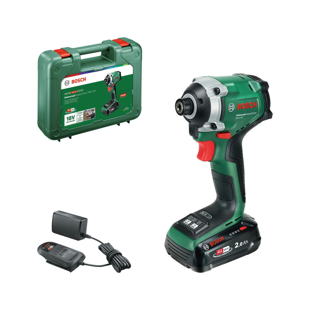 Bosch 18V System atornillador de impacto a batería UniversalImpactDrive 18V-210 (potente y compacto para madera; batería PBA 18V 2.0Ah W-BM, cargador AL18V-20, estuche de transporte incl.)