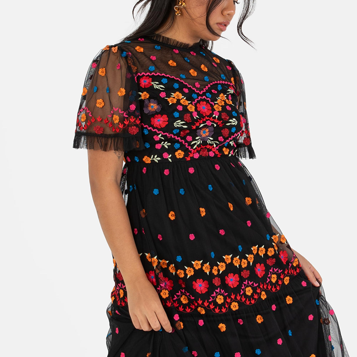 Maya Deluxe Women's Ladies Maxi Dress Short Sleeve High Neck Embroidered Ruffle Frilly Tulle A-Line For Occasion Evening Ball Gown Vestido, Negro, 42 para Mujer