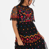 Maya Deluxe Women's Ladies Maxi Dress Short Sleeve High Neck Embroidered Ruffle Frilly Tulle A-Line For Occasion Evening Ball Gown Vestido, Negro, 42 para Mujer
