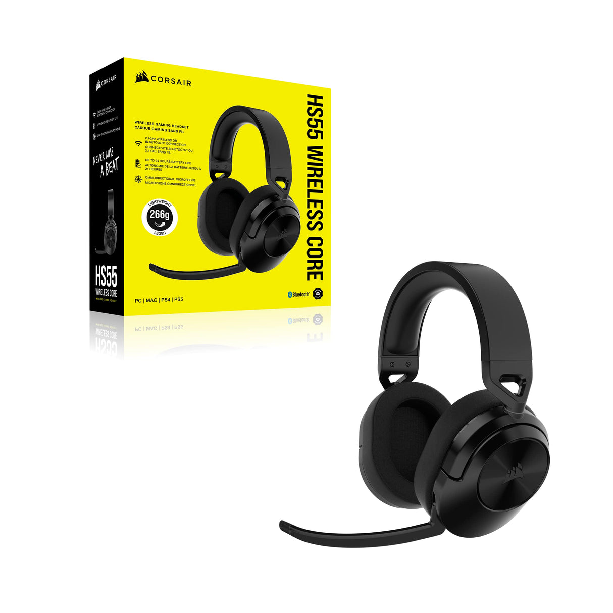 Corsair HS55 WIRELESS CORE Auriculares Ligeros para Juegos - Micrófono Omnidireccional - Transductores de Neodimio - Alcance de Hasta 15 Metros - iCUE - PC, PS5, PS4, Nintendo Switch - Carbono