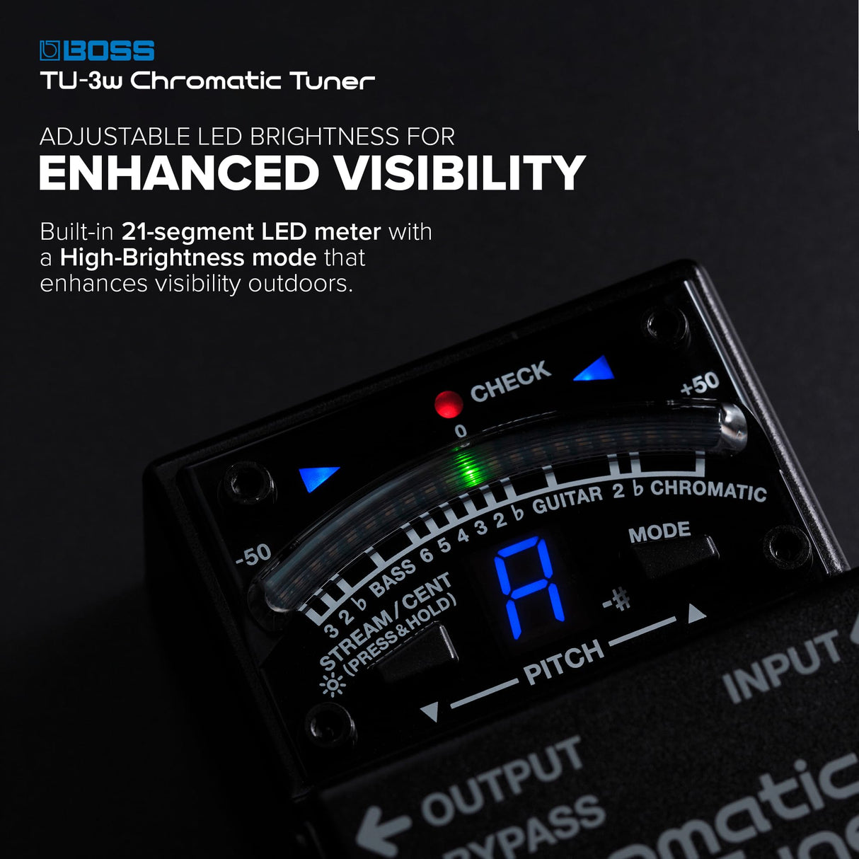 Afinador de suelo cromático BOSS TU-3W con innovación y técnica Waza | Excelente afinador de pedalera para guitarra y bajo | Circuito rediseñado con bypass con buffer o true seleccionable