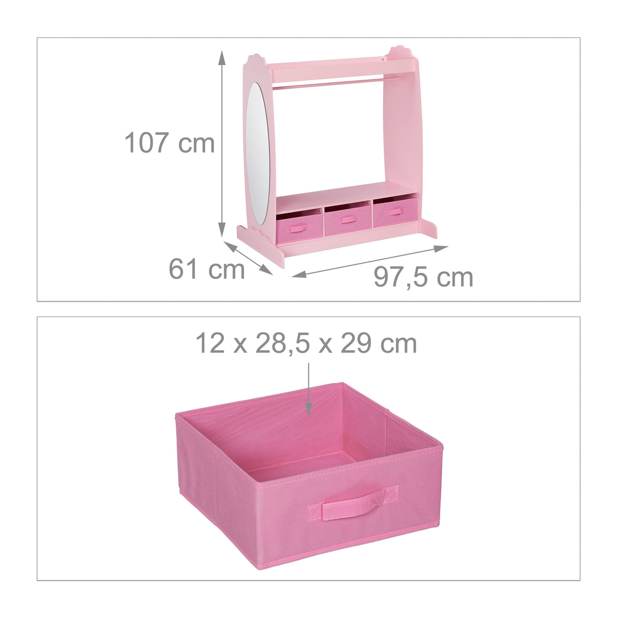Relaxdays Perchero Infantil, 5 Compartimentos, Colgador de Ropa Niñas, con Gancho y Espejo, 107 x 97,5 x 61 cm, Rosa, Tablero de Fibras