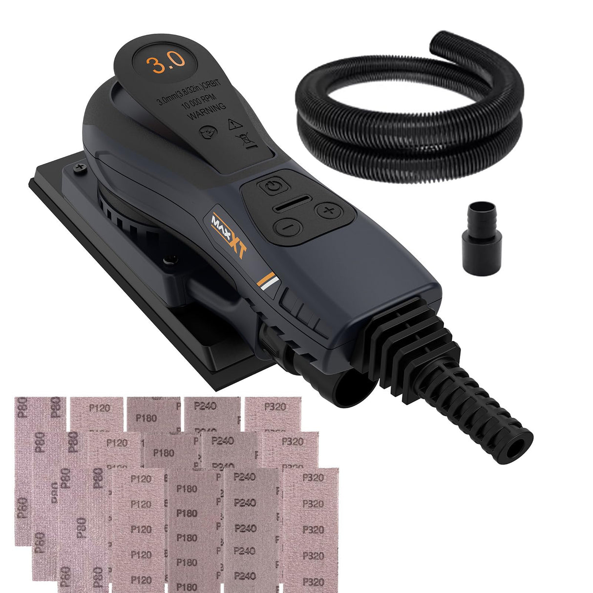 Lijadora Orbital Electrica con Cable, MAXXT Lijadora Orbital Electricas sin Escobillas 3mm 350W Velocidad Ajustable 4000-10000/RPM, Incluye 15 Hojas de Papel de Lija