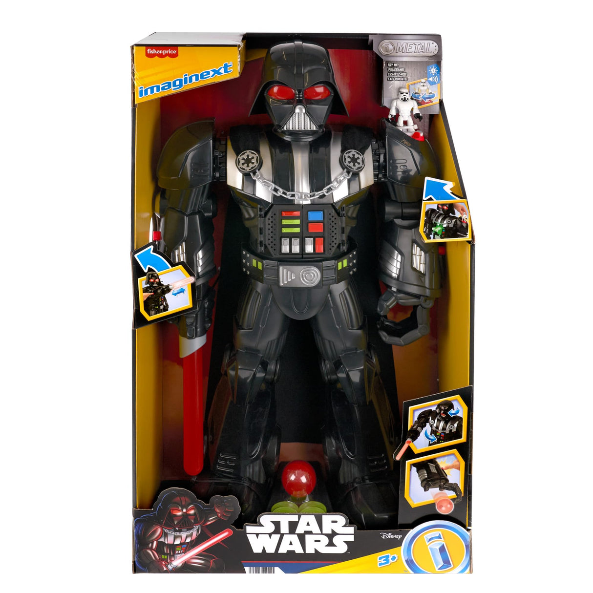 Fisher-Price Imaginext Star Wars Robot de Darth Vader de 60 cm con luces y sonidos, con sable láser, lanzador y figura de soldado imperial, juguete +3 años (HXG51)