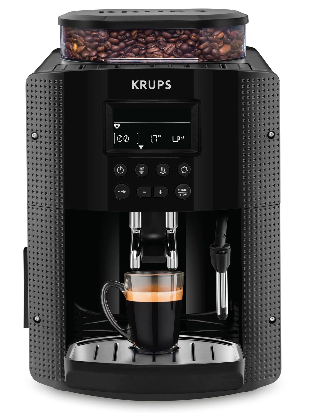 Krups Máquina de café Essential, molinillo de granos, cafetera espresso, pantalla LCD, limpieza automática, boquilla de vapor para capuchino negro YY8135FD