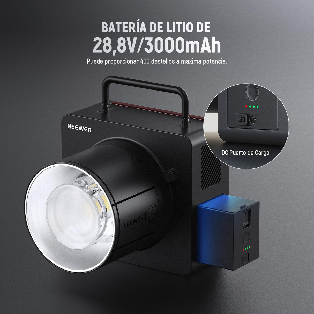NEEWER Q6 600Ws 2,4G TTL Flash Estudio Exterior con App Control, 1/1 a 1/512, 1/8000 HSS 3000mAh Foto Luz Strobe Batería,30W Lámpara Modelado LED Bicolor/Flash Potencia Total 400/Reciclaje 0,01-0,9s