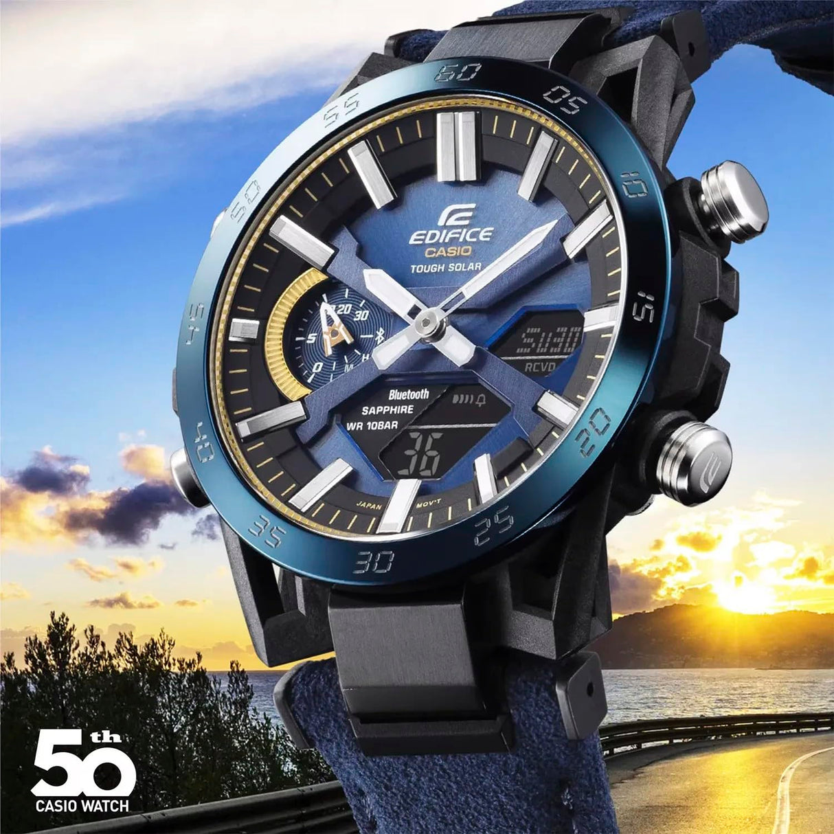 Casio Edifice Suspension Limited Edition 50th Anniversary Men's Watch Black and Blue Background ECB-2000SS-2AER
