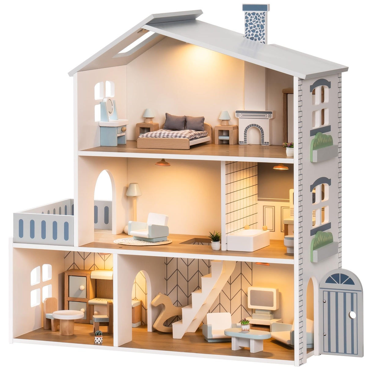 ROBUD Casa de muñecas de Madera, 3 Pisos, Incluye Muebles y escaleras, Juguete para niños a Partir de 3 años