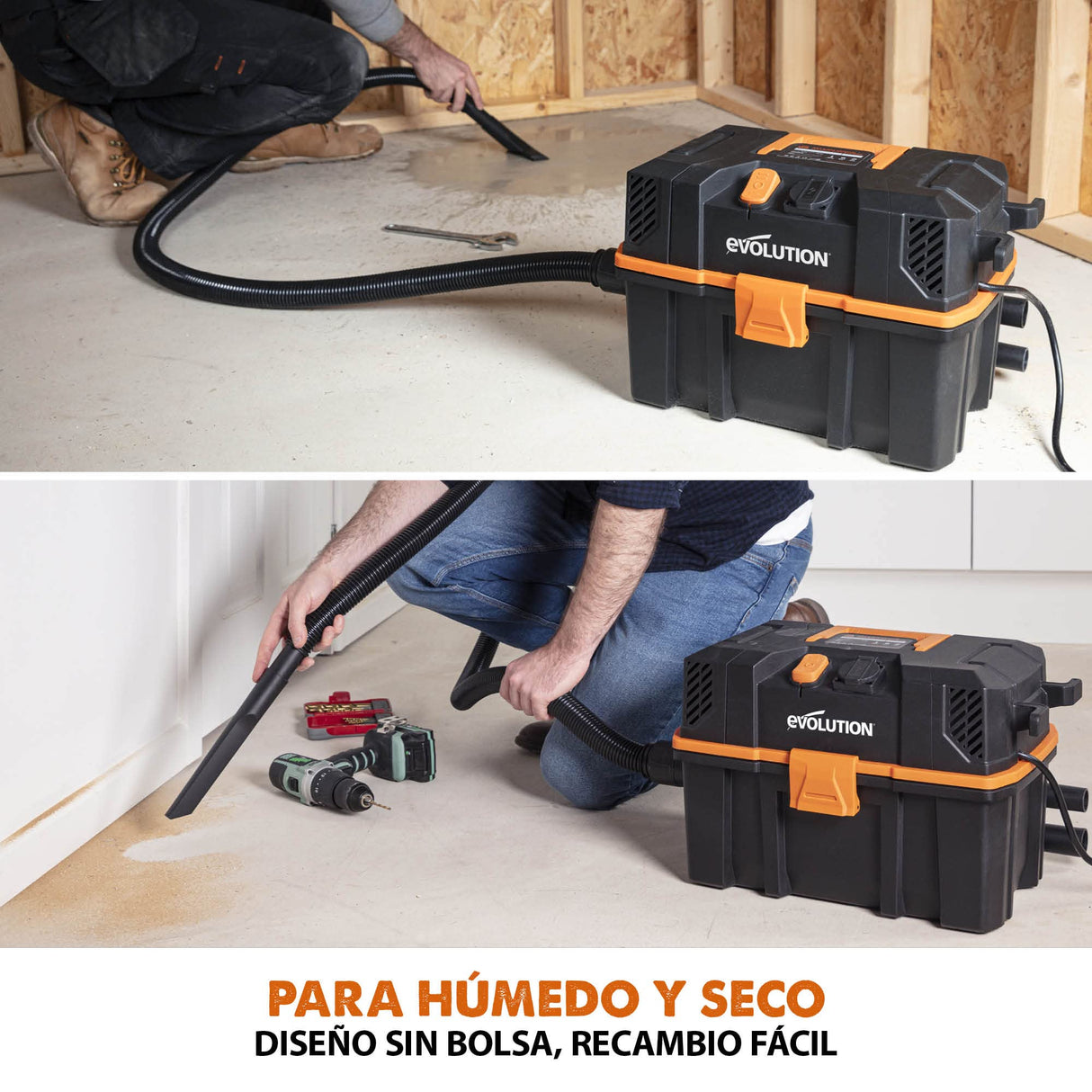 Evolution Extractor de polvo de aspirador en húmedo y seco R15VAC con toma de fuerza. Potente motor de 1000 vatios. Función de aire dual