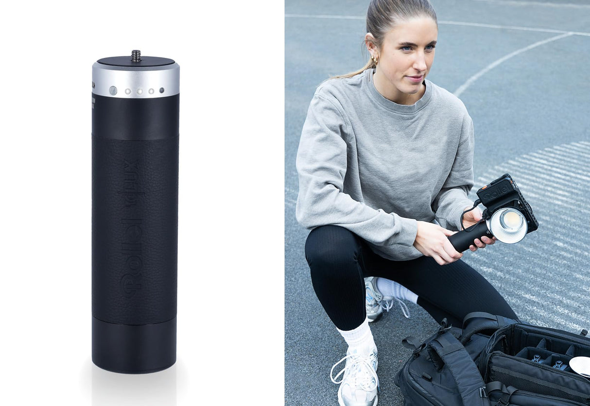 Rollei Empuñadura de batería | 99 Wh | para la serie LUX | Compatible con luces Rollei LUX | Potente batería de 99 Wh | Conectores D-Tap & USB-C | Apto para viajes en avión | Empuñadura de energía con