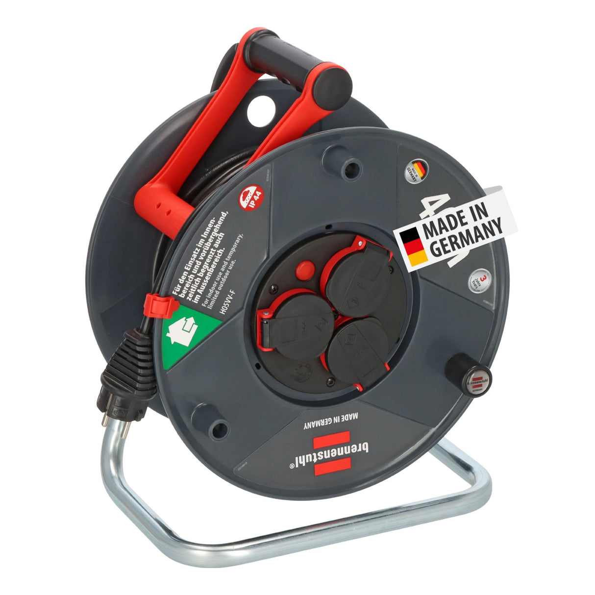 Brennenstuhl Enrollacables Garant V2 IP44 40m exterior (Made in Germany, 3 tomas de corriente con contacto de puesta a tierra, plástico especial)