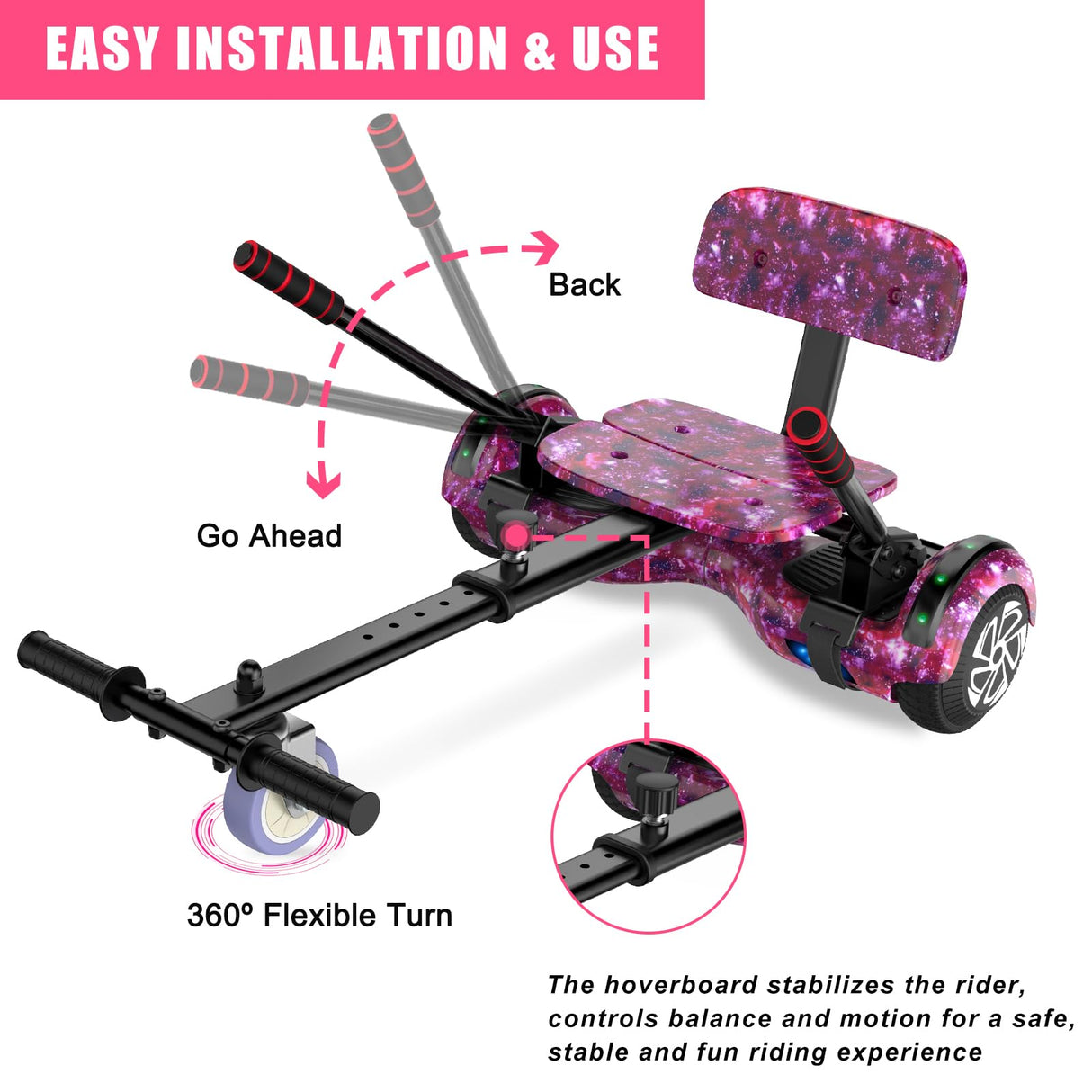 SISIGAD Hoverboard Kart, Hoverboard Todo Terreno Autoequilibrado de 6.5/‘ Pulgadas con Altavoces Bluetooth y Luces LED Hoverboard Niño,Starry Sky Purple,HY-A02