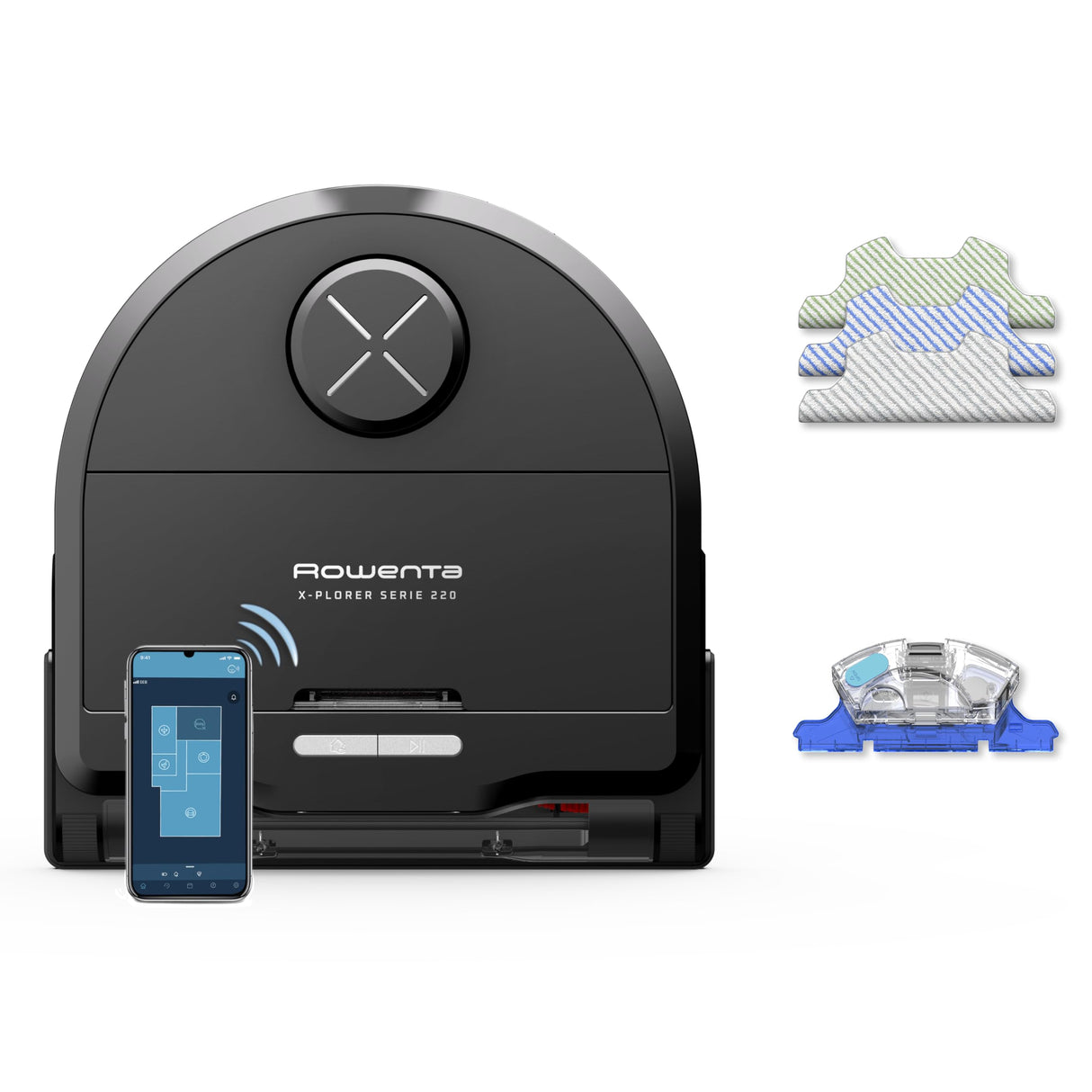 Rowenta Xplorer S220 Animal & Allergy Robot Aspirador en seco en húmedo, navegación láser, 120 min de Tiempo de Funcionamiento, Control de Aplicaciones, fregona vibratoria, Negro/Metal, RR9475WH