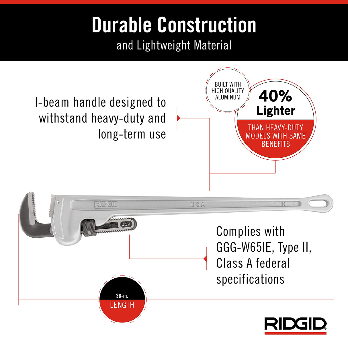 RIDGID 31110 Modelo 836 Llave recta de aluminio para tubo, Llave de fontanería de 36 pulgadas
