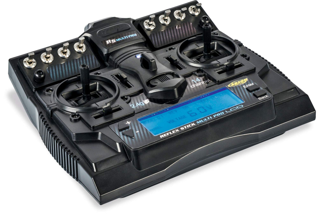 Carson 500501004 FS Reflex Stick Multi Pro LCD 2.4 GHz – 14 Canales Control Remoto Mando a Distancia con Receptor para vehículos de construcción de maquetas como Coches RC y Barcos