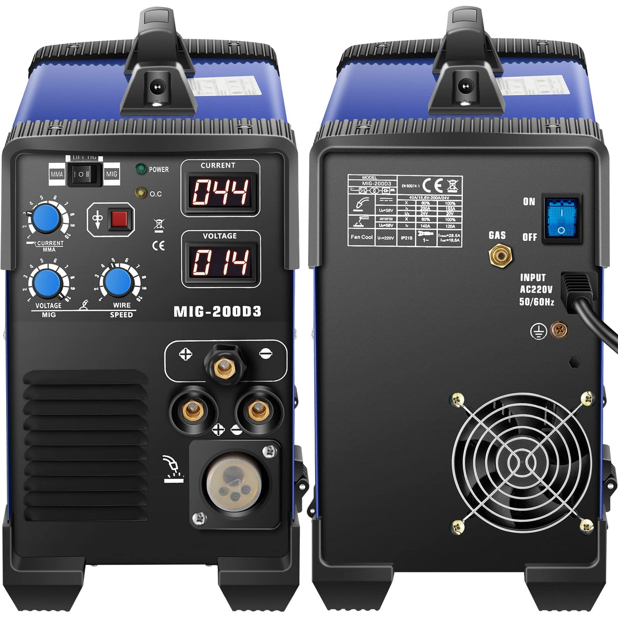 FlowerW Soldadora Inversora, Multifunción Combo 3 en 1 Soldadora MIG, TIG y STICK/MMA, 1 Fase 220 V +/- 10% 20-200 a IP21S, Azul