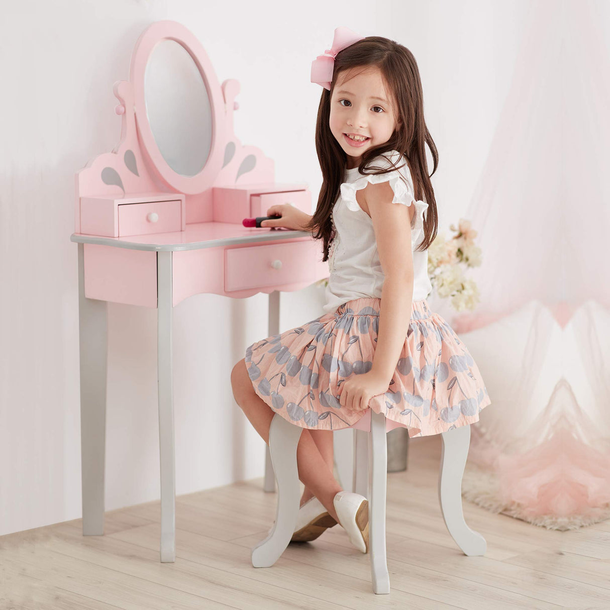 Fantasy Fields Teamson Kids 'Rapunzel' Tocador Rosa de Madera con Espejo y Taburete TD-12851A