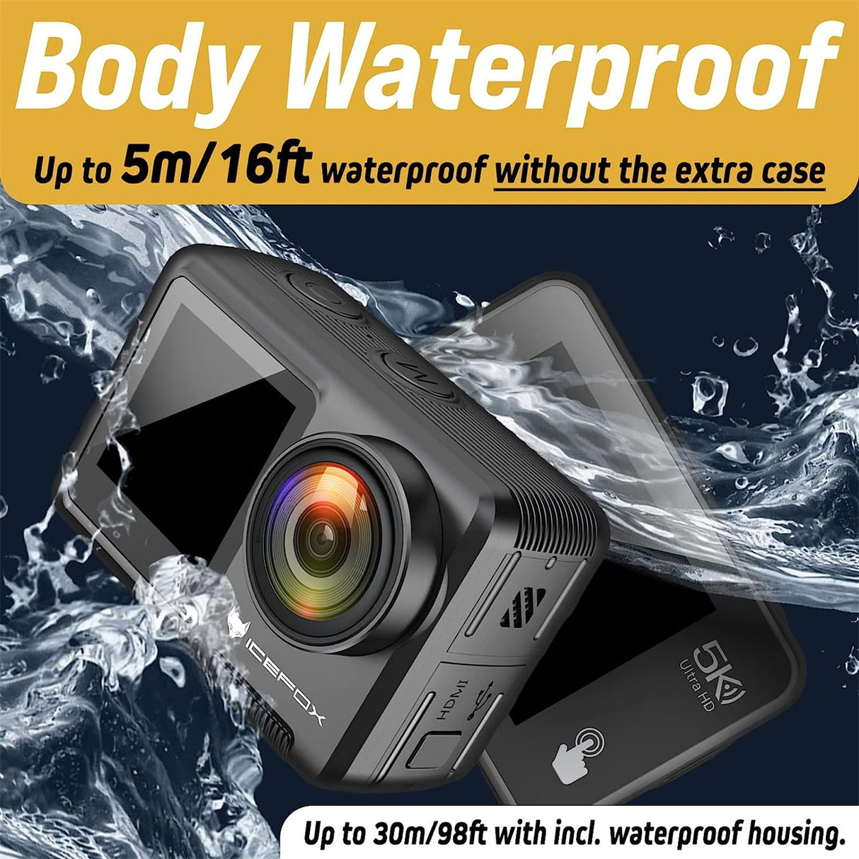 icefox Cámara Deportiva 5K WiFi 30FPS 20MP, Cámara Deportiva EIS Pantalla Táctil, 4X Zoom 170° Gran Angular, 30m Cámara Sumergible, Action CAM con Control Remoto, Micrófono Externo, Kit de Accesorios