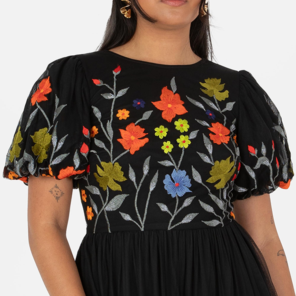 Maya Deluxe Women's Ladies Midi Dress Black Short Puff Sleeves Round Neck Floral Embroidered Open Back Tie A-Line Occasion Evening Vestido, 40 para Mujer