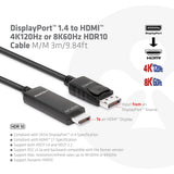 CLUB3D CAC-1087 DisplayPort 1.4 a HDMI 4K120Hz o 8K60Hz HDR10 Cable 3m St./St.