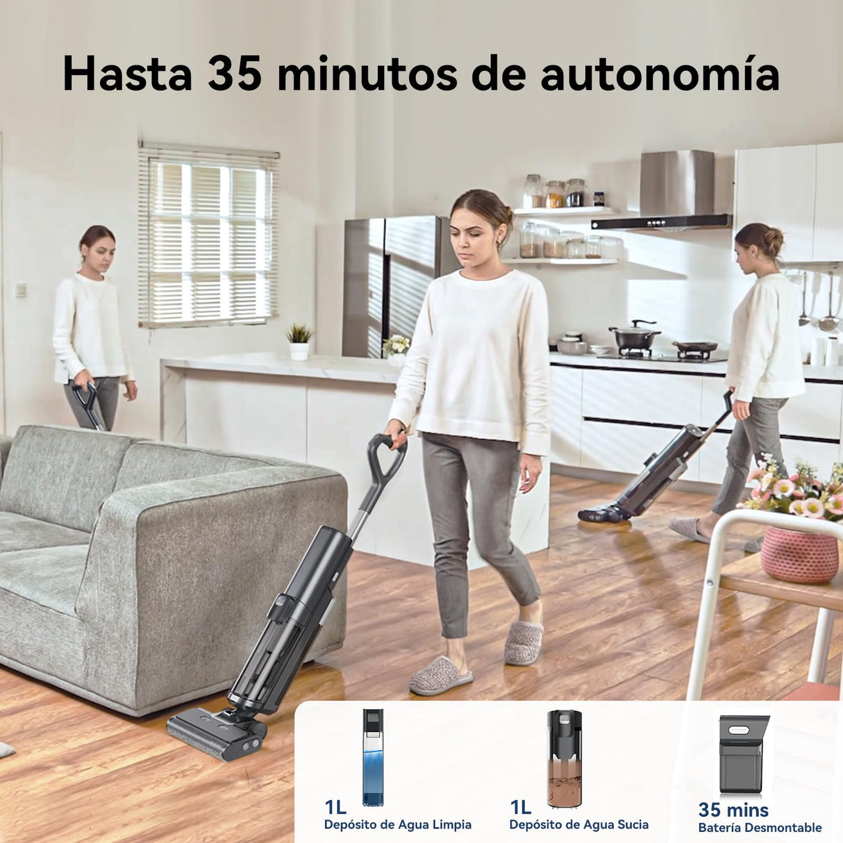 proscenic F20A Aspirador Escoba sin Cables en Seco y Húmedo,35Min, 2L Tanque Agua, Limpieza de Bordes, Autolimpieza, Secado por Aire Frío, LED Pantalla, Suelos Duros y Pelo de Mascotas