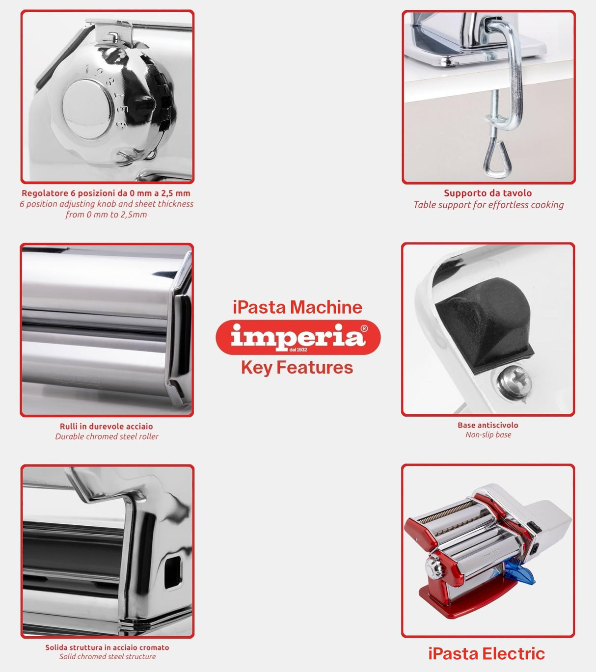 Imperia Electric Línea Clásica. Máquina de pasta eléctrica. Made in Italy. Máquina de pasta fresca en acero con motor eléctrico 220v. Laminadora eléctrica para lasagne, tagliolini, fettuccine. (Plata)