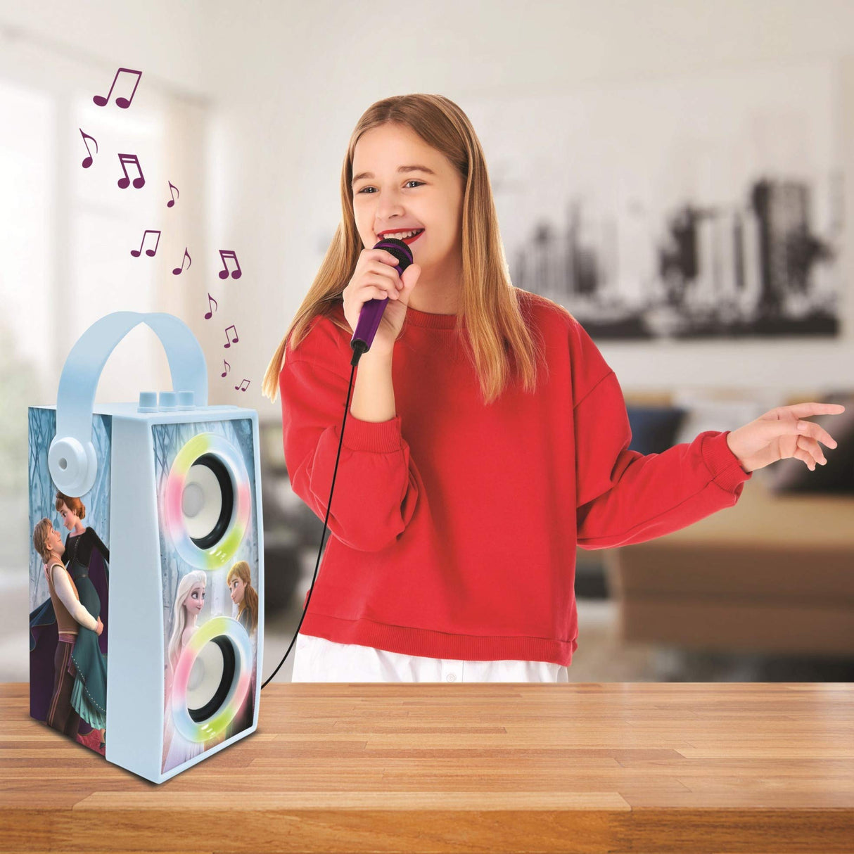 LEXIBOOK, Frozen, Altavoz Luminoso Bluetooth portátil con micrófono, Efectos de luz, Karaoke, inalámbrico, USB, Tarjeta SD, batería Recargable, Azul/Morado, BTP180FZZ