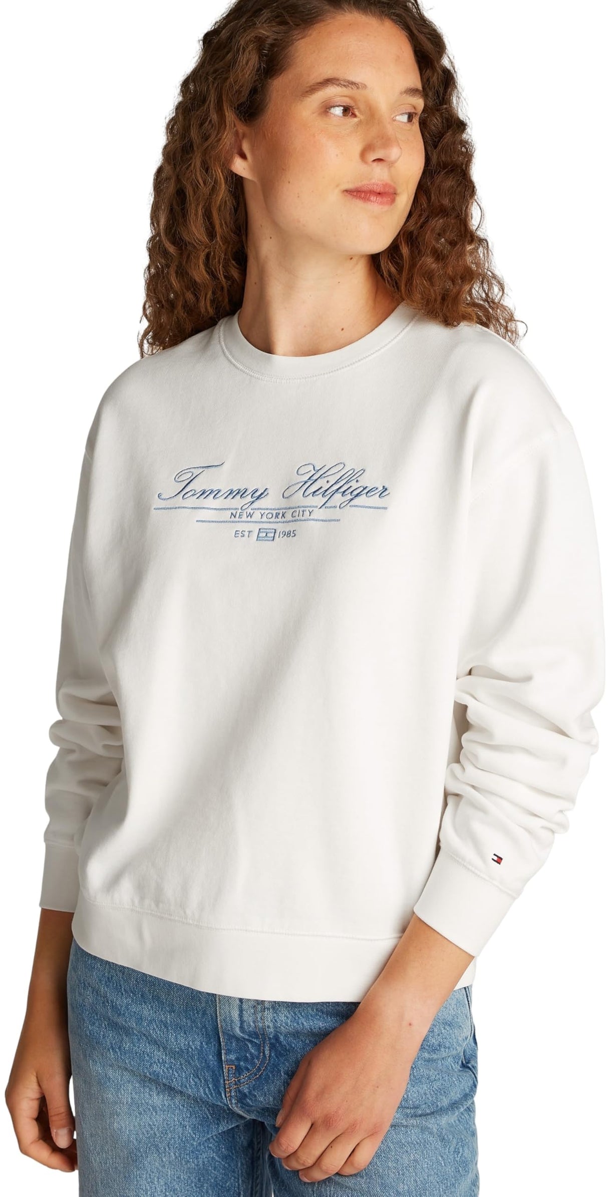 Tommy Hilfiger Sudadera Mujer Script de algodón, Blanco (Ecru), S