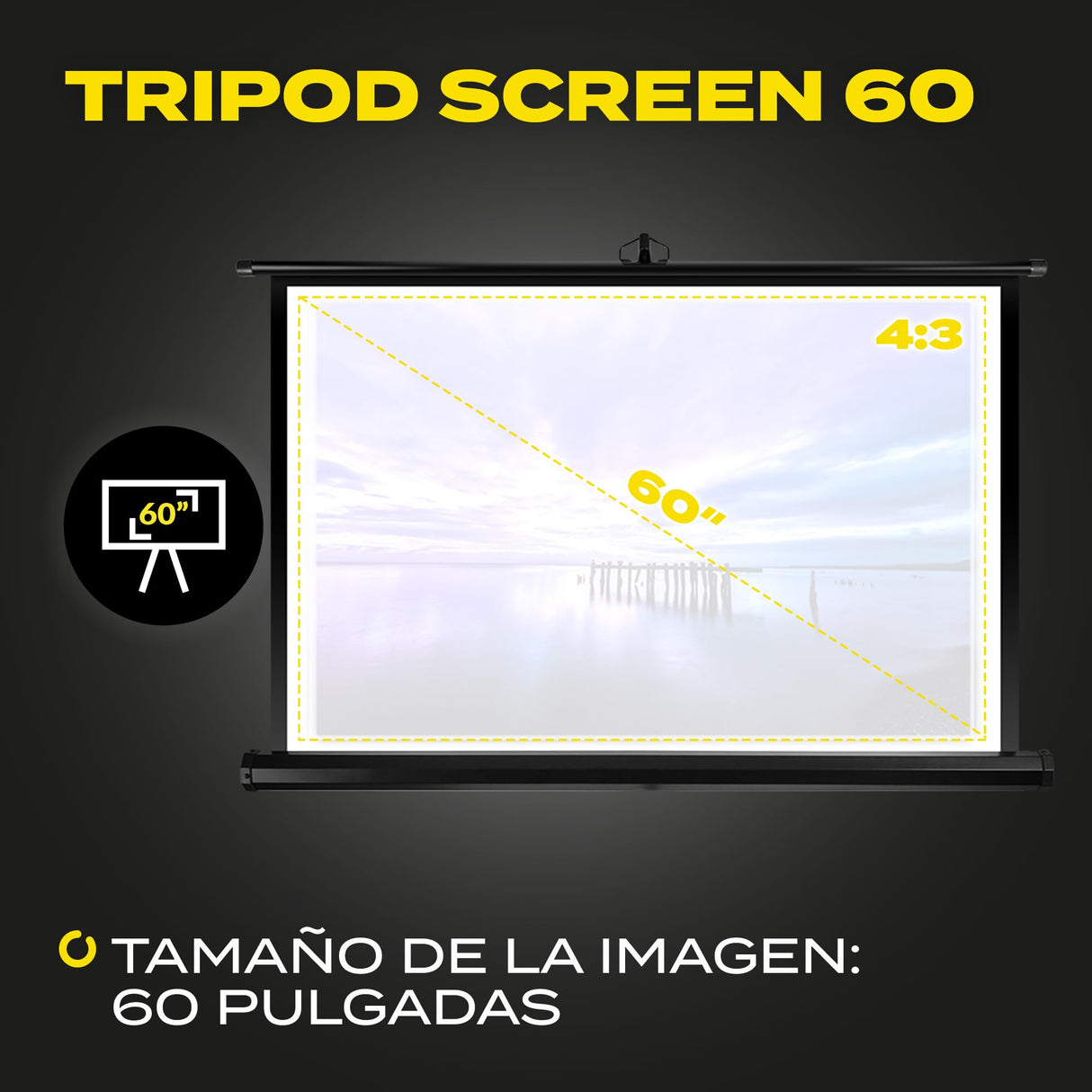 OVERMAX Tripod Screen 60” Pantalla de proyección con trípode de 60 Pulgadas, 116 × 87 cm, Tres Patas, Ajuste de Altura de Pantalla y trípode, retracción automática de Pantalla con Resorte