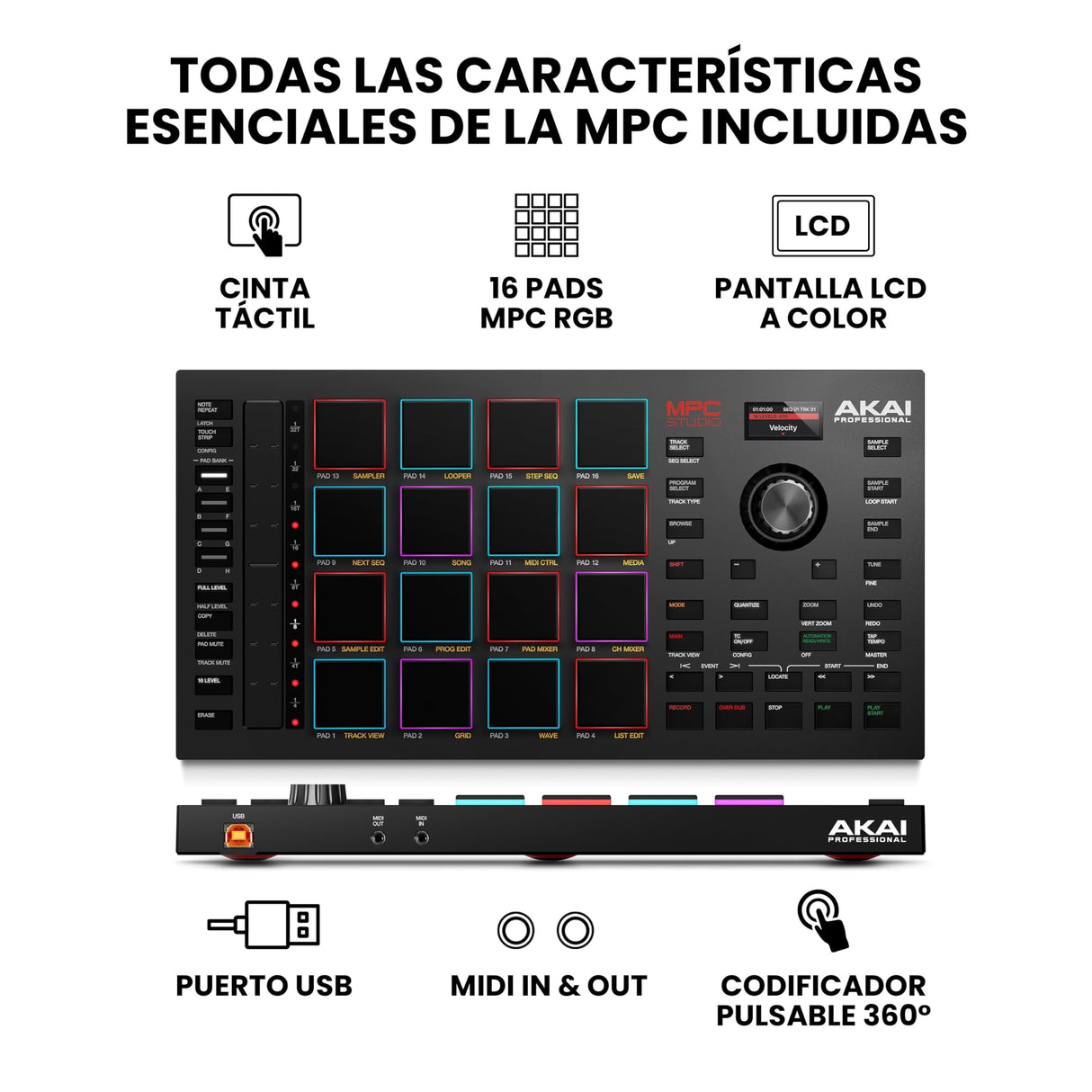 Akai Professional MPC Studio – Controlador MIDI, caja de ritmos con 16 pads RGB sensibles a la velocidad, software MPC, banda táctil asignable y pantalla LCD