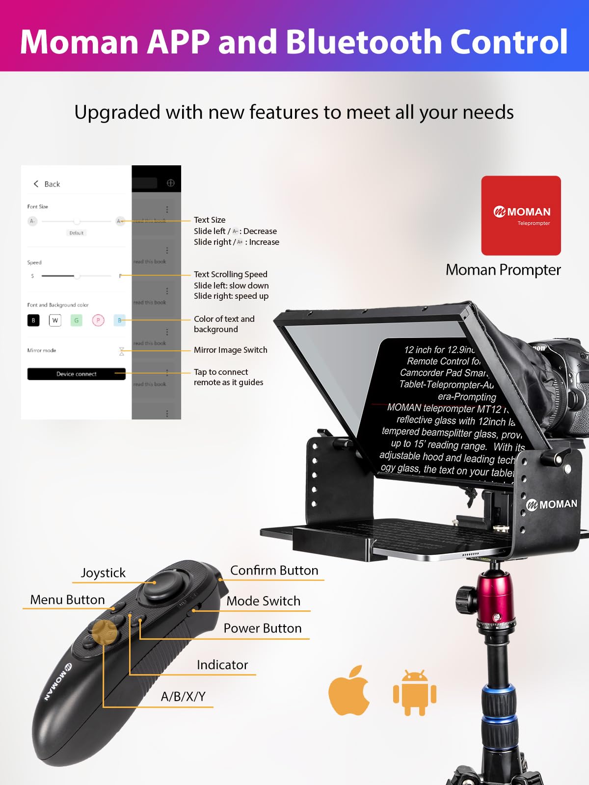 Moman MT12 Teleprompter Metálico de 12,9 Pulgadas, con App Remota y Control Remoto, Soporte Ajustable - Compatible con iPad, iPhone, Tabletas, Smartphones y Cámaras DSLR