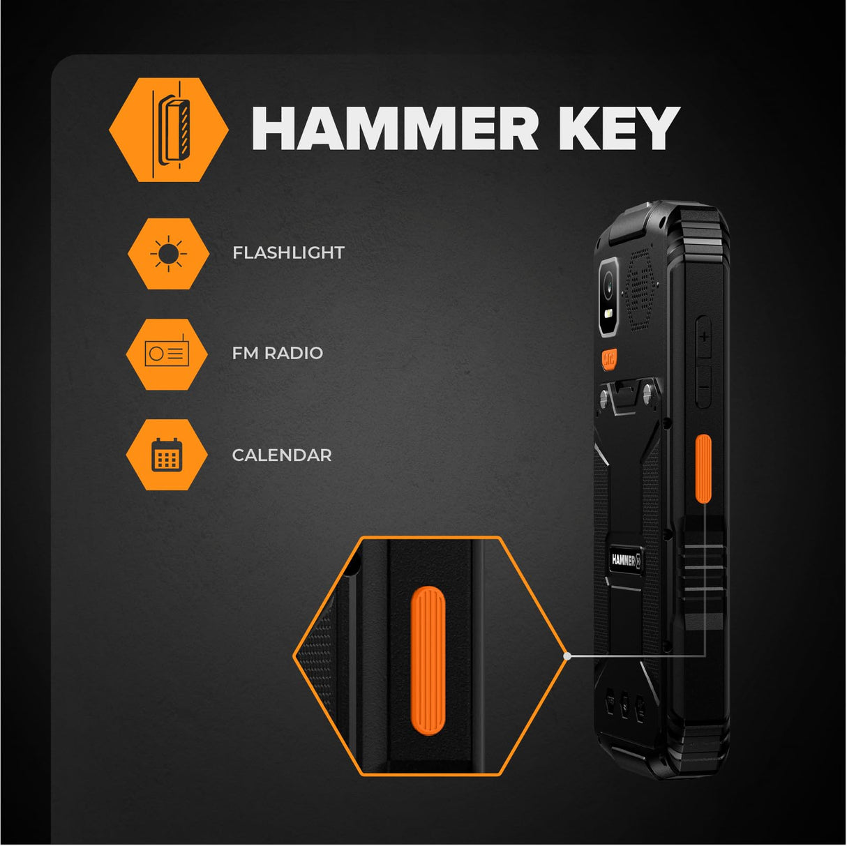 Hammer H Horizon LTE Móvil Irrompible, Batería 3000mAh, 64 GB, Pantalla IPS 2,8", Teclas Grandes, Botón SOS, Linterna, Cámara 2MP, Radio FM, USB-C, Dual SIM, IP68/MIL-STD-810H, Negro