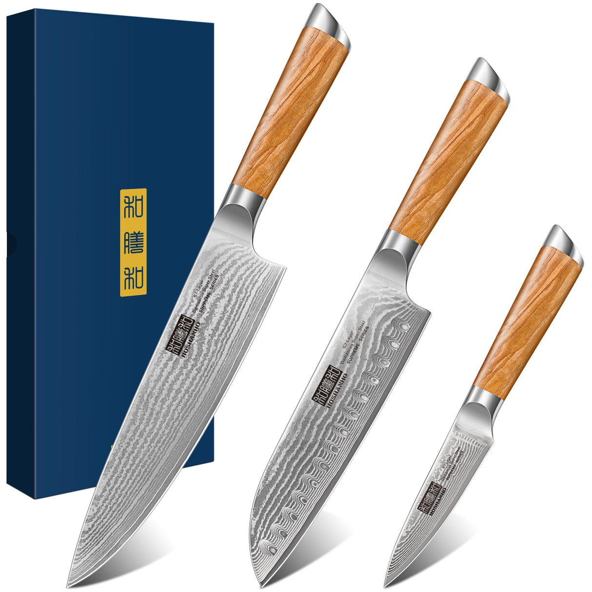 HOSHANHO Damasco Set Cuchillo 3 Piezas, Profesional Set Japoneses de Acero Damasco de 67 Capas, 20cm Cuchillo de Cocina, 18cm Cuchillo Santoku, 9.5cm Cuchillo de Fruta