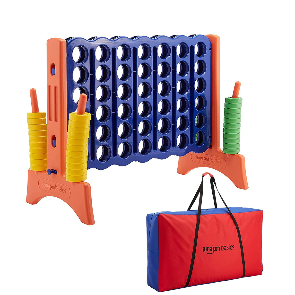 Amazon Basics Junior Juego de 4 en raya, sin BPA, gigante, prémium, plástico, para niños y adultos, con bolsa, regalo ideal, variedad de colores, Azul, Amarillo, Rojo, Verde, Grande