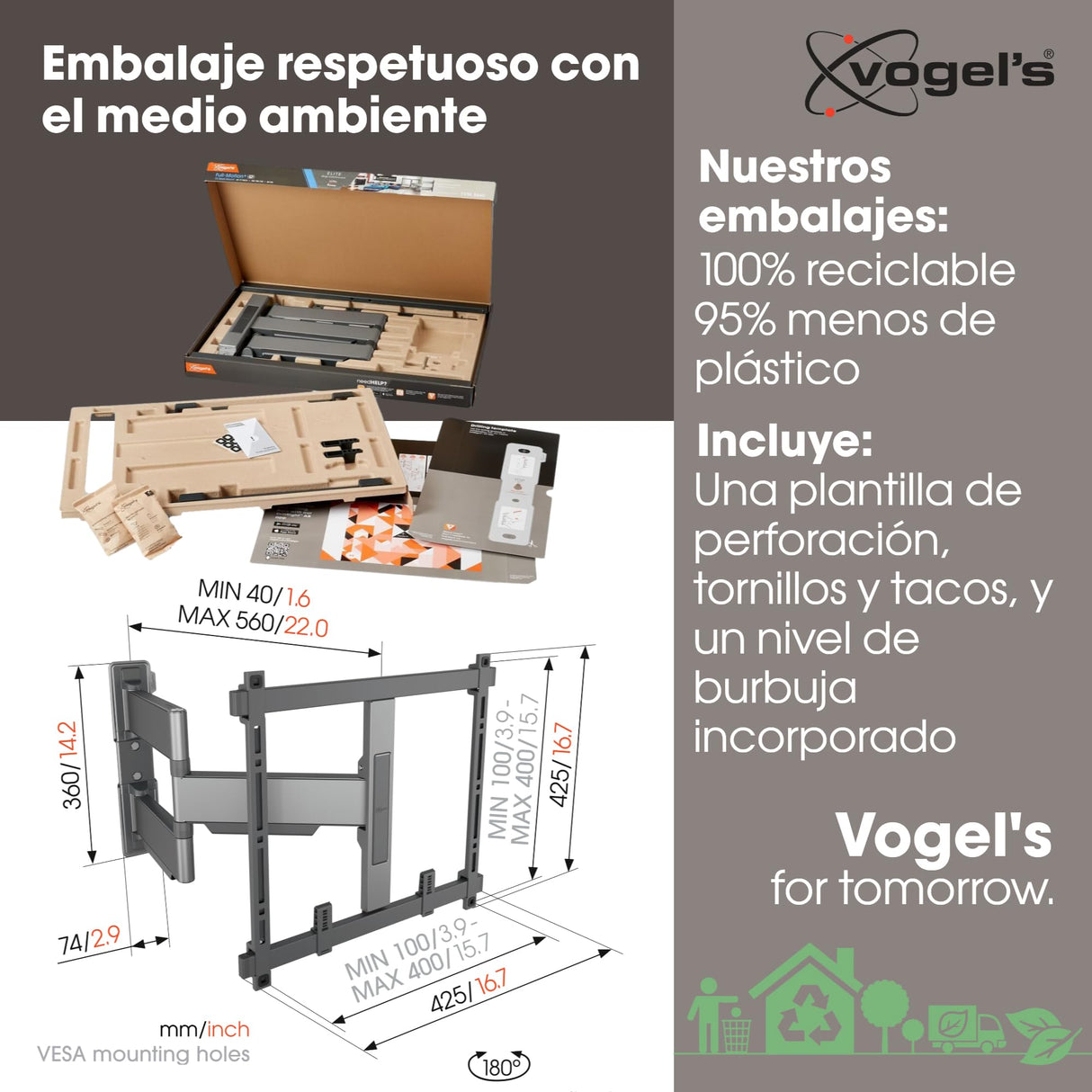 Vogel's Elite TVM 5445 Soporte TV Giratorio y Ultrafino para TV de 32 a 65 Pulgadas, Peso máx. de 35 kg, Gira hasta 180°, Soporte de TV Full-Motion, Máx. VESA 400x400, Compatibilidad Universal