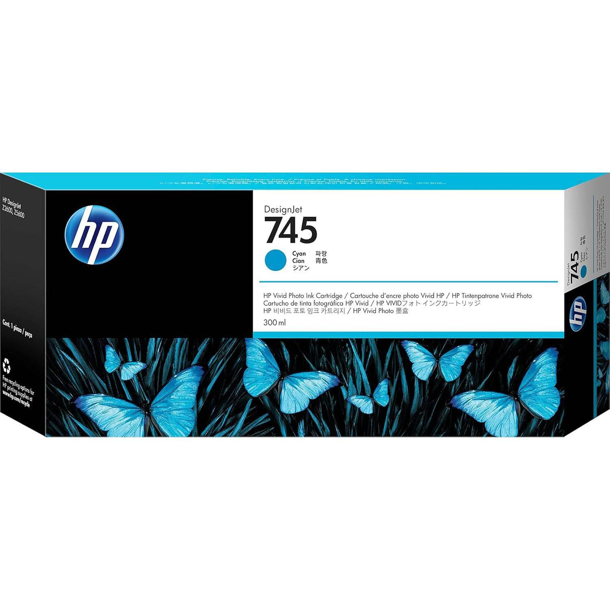HP 745 F9K03A Cian, Cartucho de Tinta HP Original DesignJet, de 300 ml, para Impresoras HP DesignJet Z2600, Z5600 PostScript