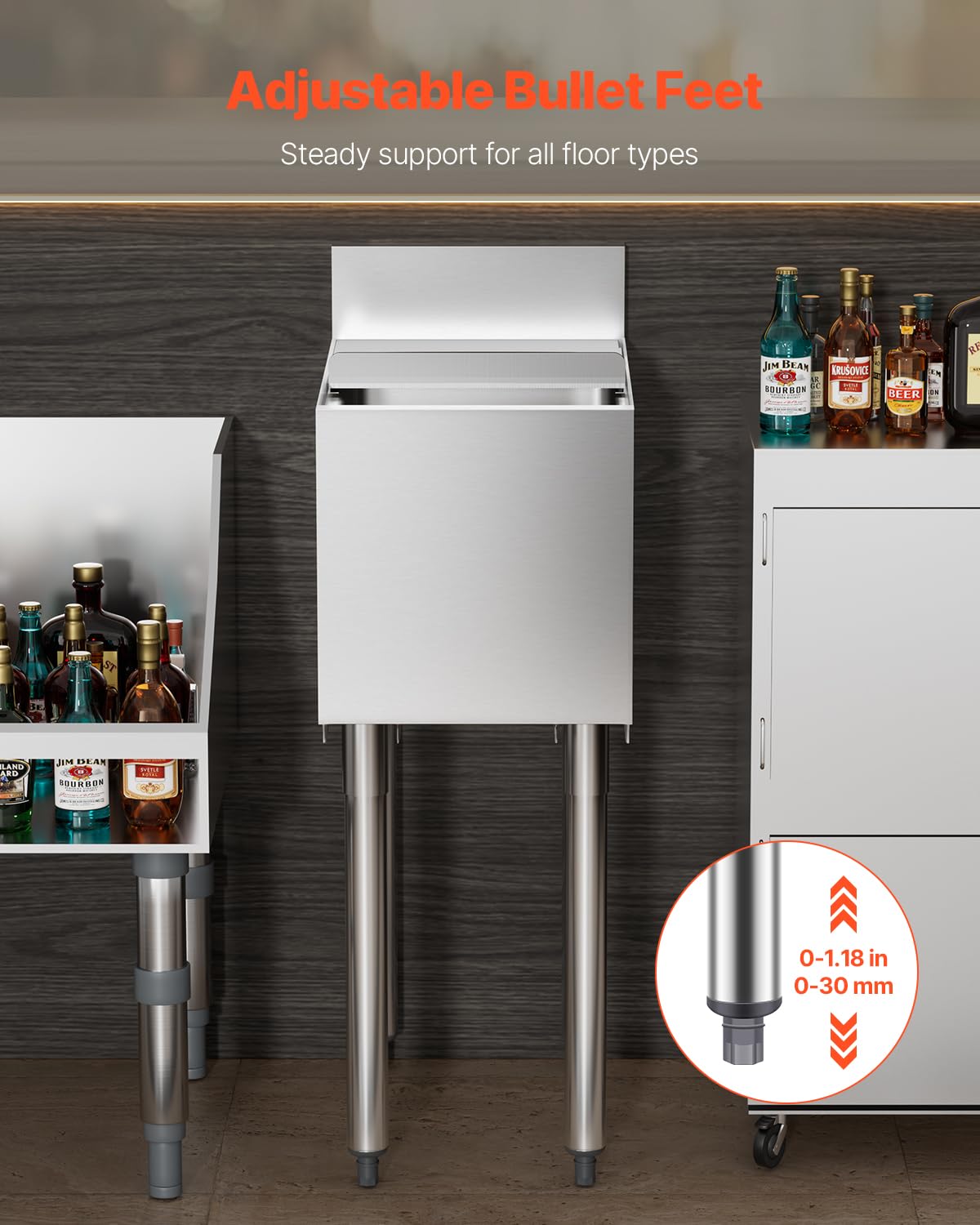 VEVOR Contenedor de Hielo de 28 L para Debajo del Mostrador de 305 x 483 x 937 mm, de Acero Inoxidable con Tapa Deslizante y Patas de Bola Ajustables, Carrito Refrigerado para Bar, Restaurante
